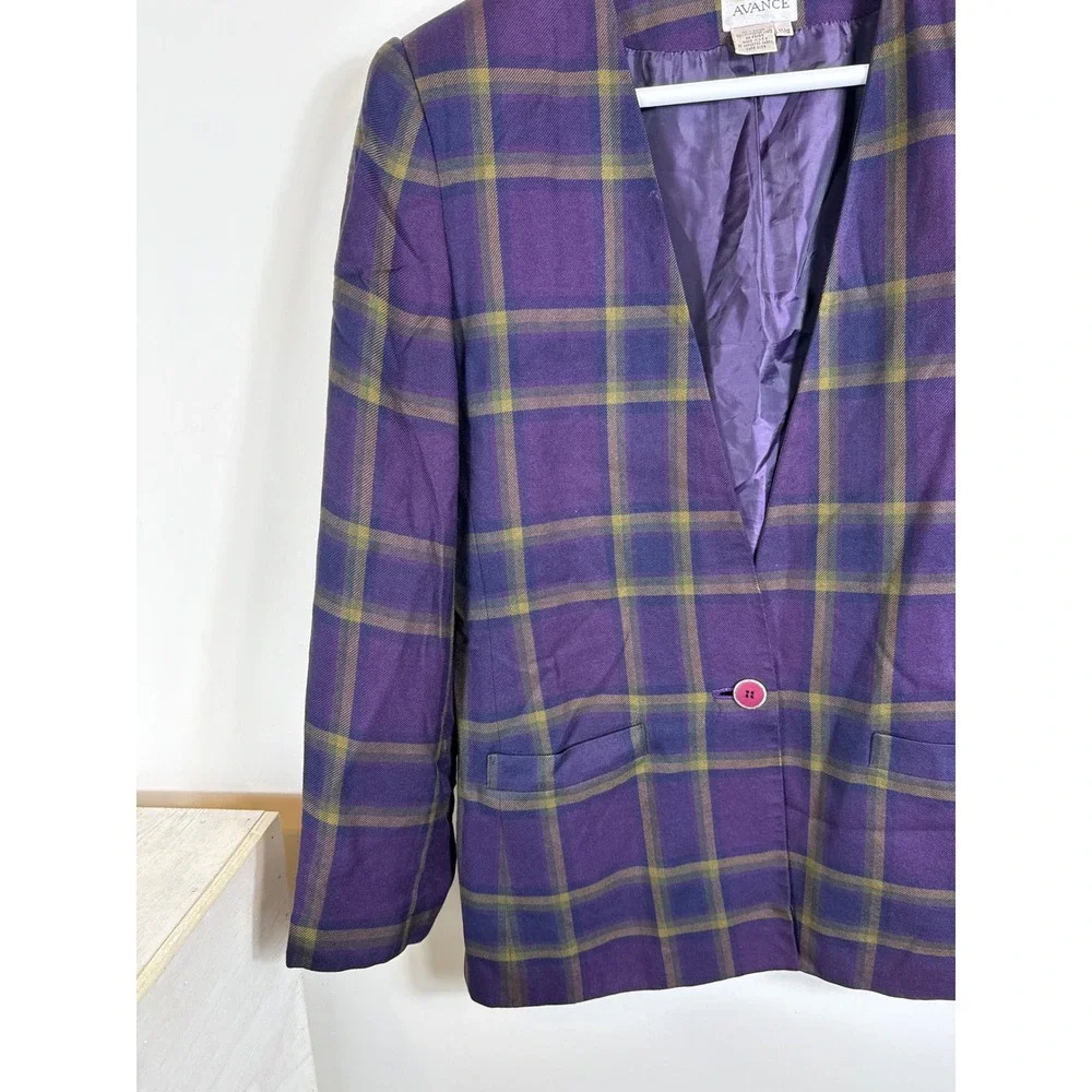 En Avance Vintage Blazer‎ Purple Plaid Rayon Women Size 11/12 Made in USA
